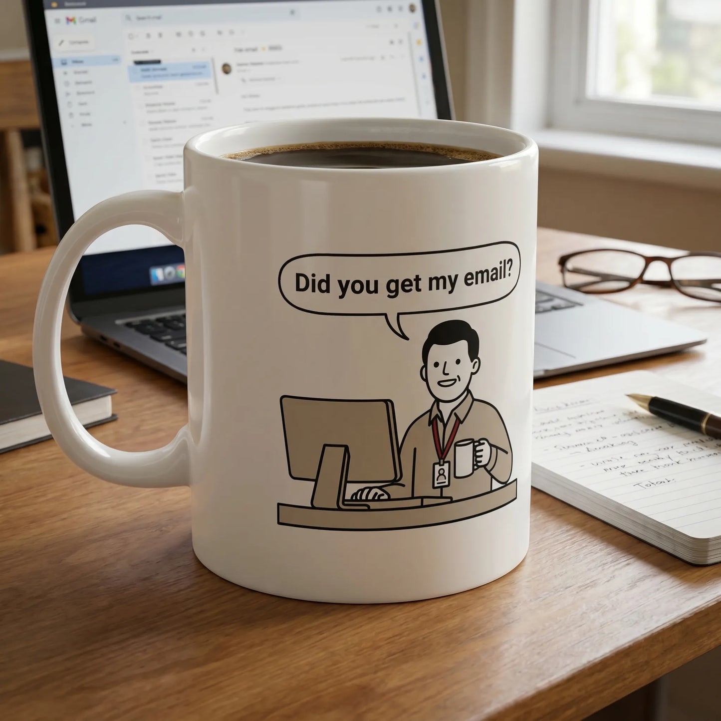 Lifestyle photo of an 11oz glossy white ceramic mug with a two-panel design, perfect as a corporate burnout gift coworker or did you get my email gift mug featuring corporate humor.