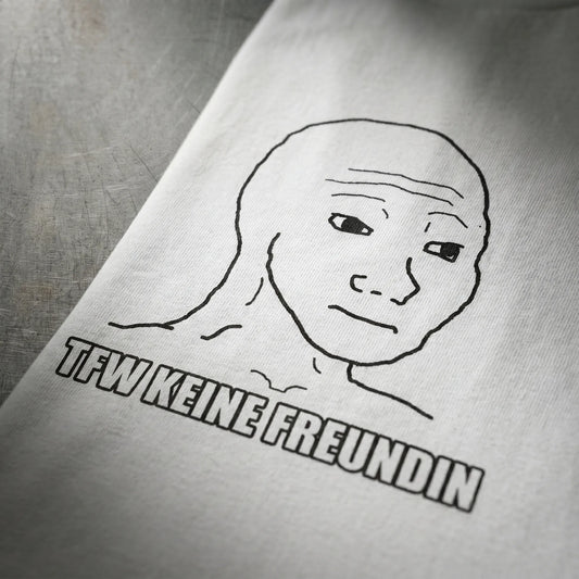 Close-up detail of the Impact meme all-caps caption on this made-to-order frontal bust print, a tfw no gf funny gift and wojak meme gift for him in sizes S-5XL with fast delivery and ships worldwide.