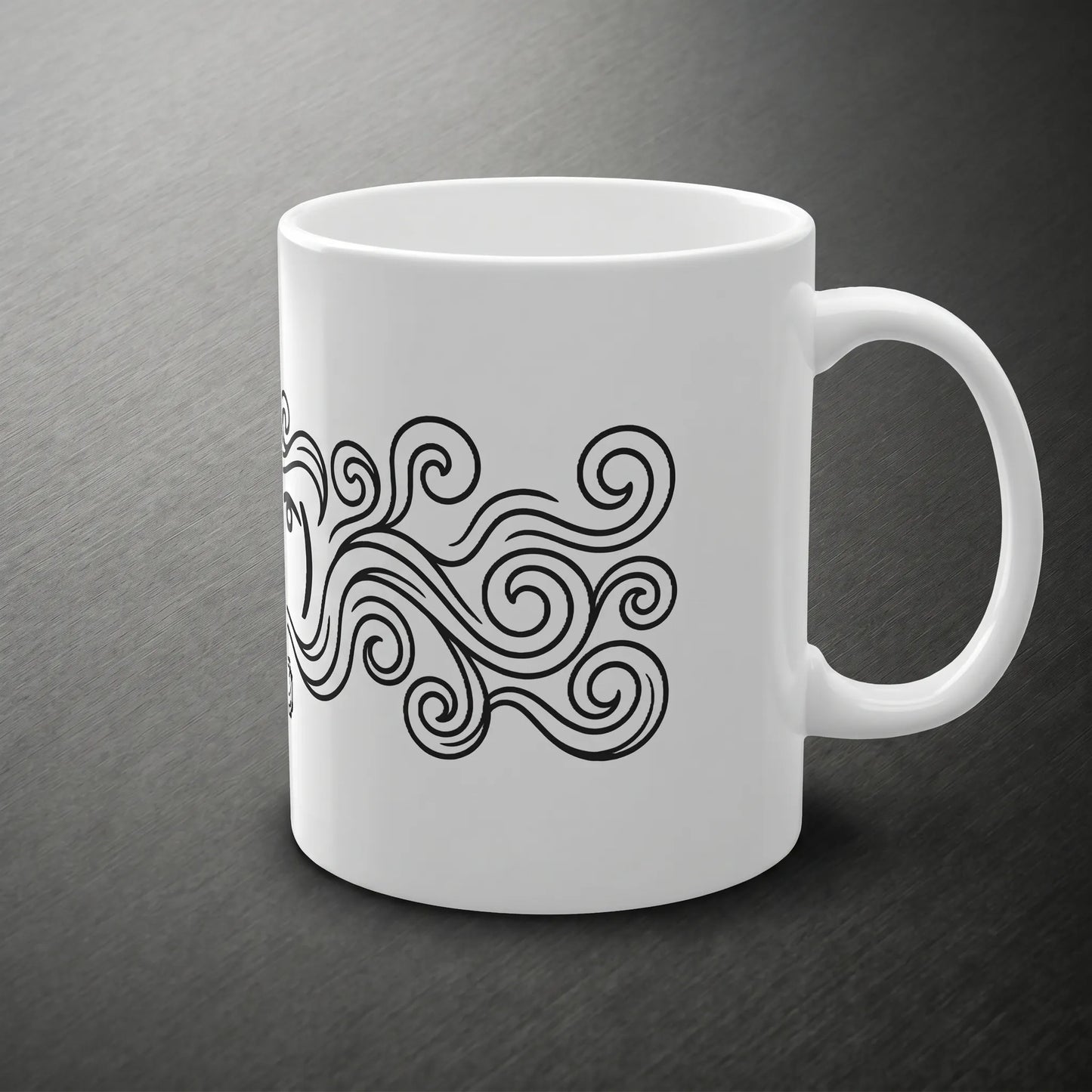 A side view of the classic C-handle on a glossy white ceramic lenny coffee mug, displaying a 2010s le lenny face emoji within steam lines above a chiseled-stone AT EASE plaque.