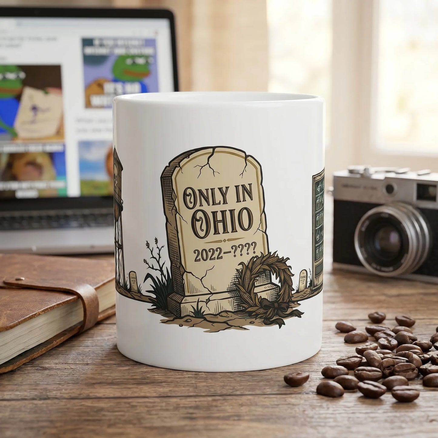 A lifestyle shot of a person enjoying coffee in an Only in Ohio meme gift mug featuring wraparound art and memorialized ohio brain rot graveyard graphics.