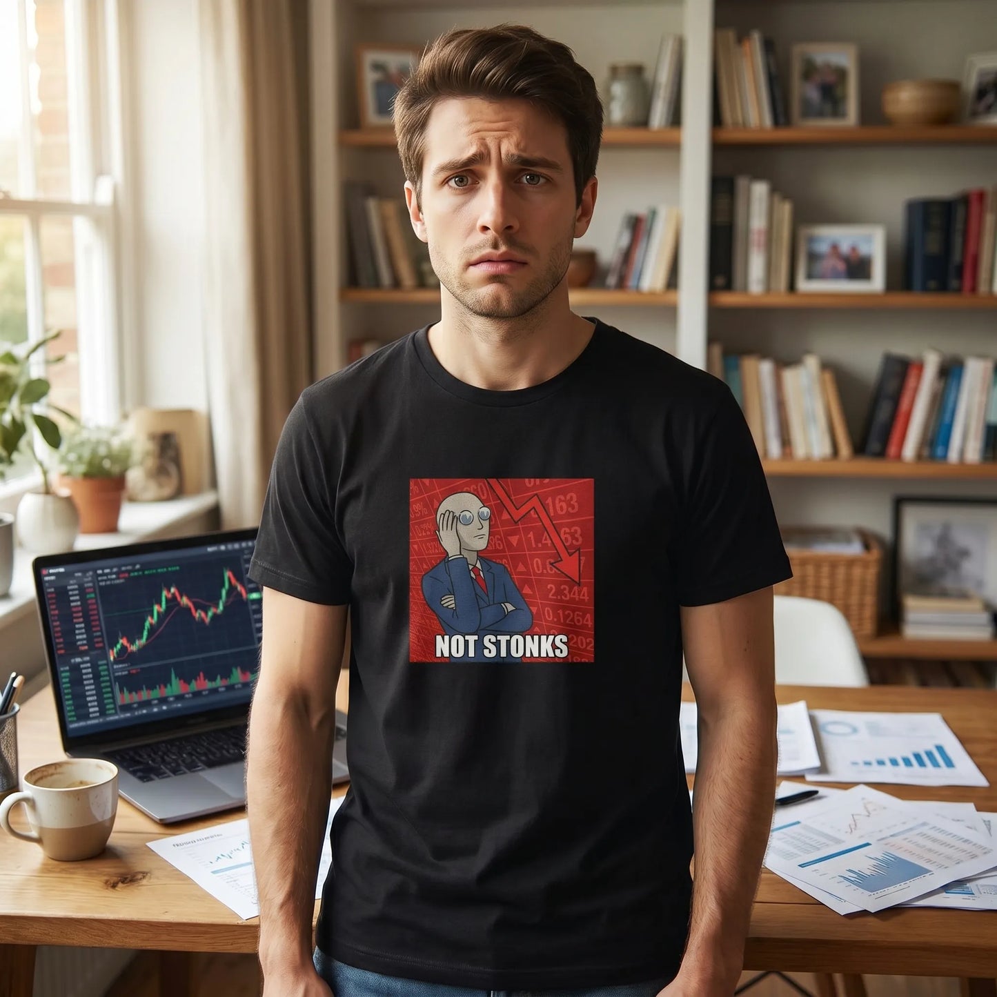 Lifestyle model wearing the Not Stonks Tee featuring the slumped red-candle graphic, a perfect portfolio stop-loss gift for GME finance meme fans.