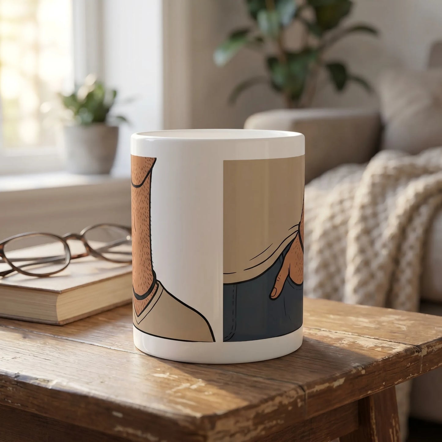 Lifestyle shot of an 11oz microwave-safe mug featuring a hairy long neck, single continuous illustration, and dye-sublimation hand in pocket meme gift art.
