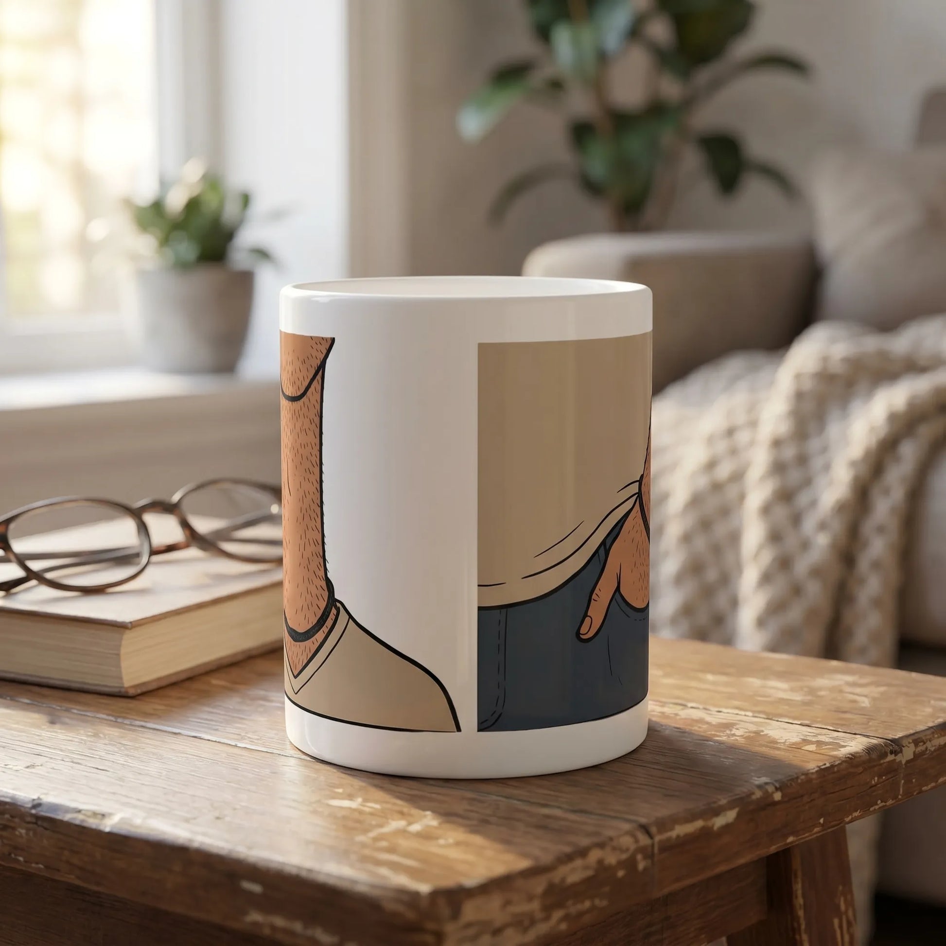 Lifestyle shot of an 11oz microwave-safe mug featuring a hairy long neck, single continuous illustration, and dye-sublimation hand in pocket meme gift art.