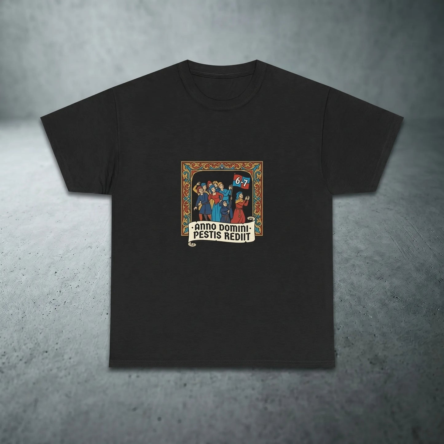 Main front view of a heavyweight 100% cotton unisex fit tee featuring the 6 7 meme and 67 meme in a medieval illuminated-manuscript panel style, an ideal viral tiktok meme gift and gen z meme shirt.