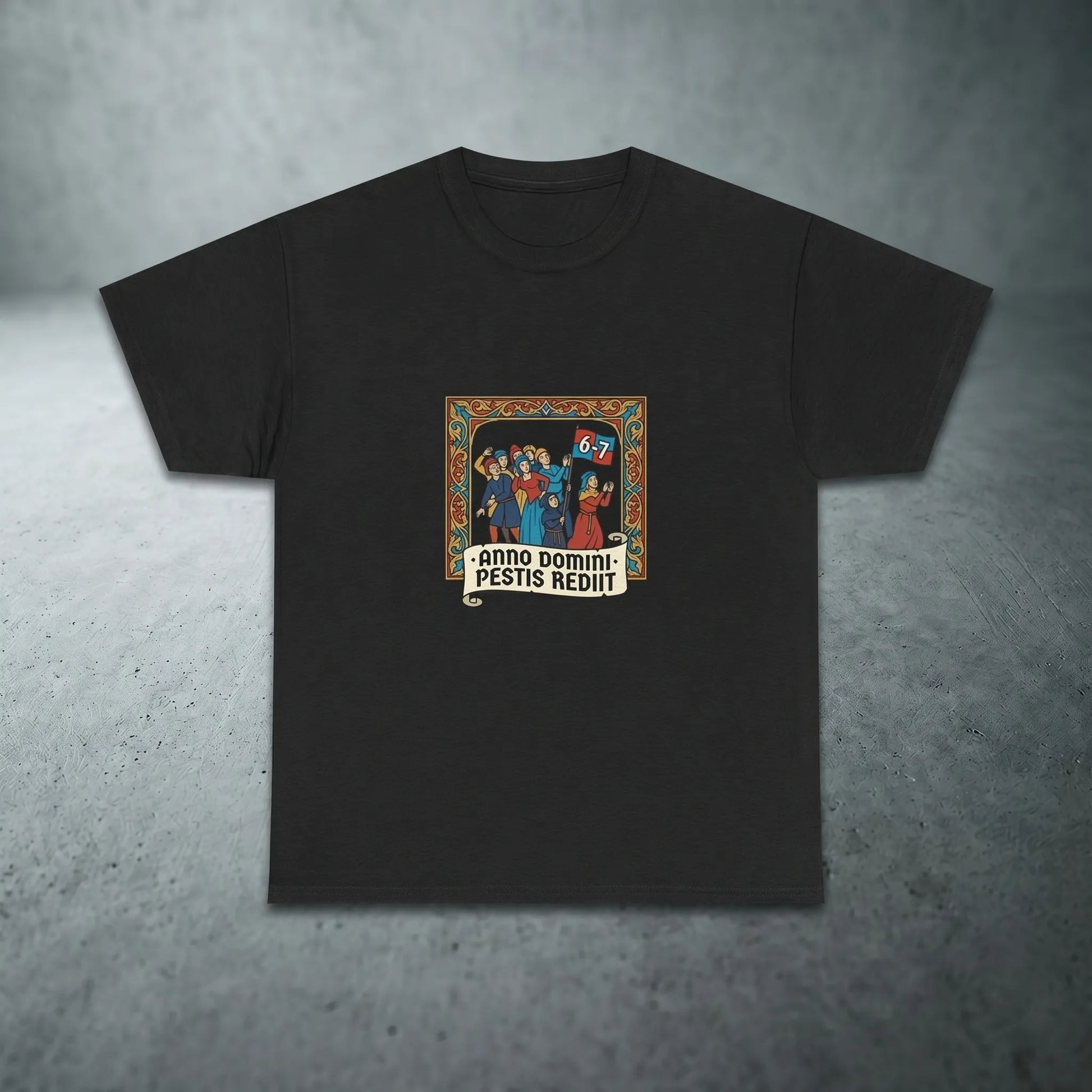 Main front view of a heavyweight 100% cotton unisex fit tee featuring the 6 7 meme and 67 meme in a medieval illuminated-manuscript panel style, an ideal viral tiktok meme gift and gen z meme shirt.