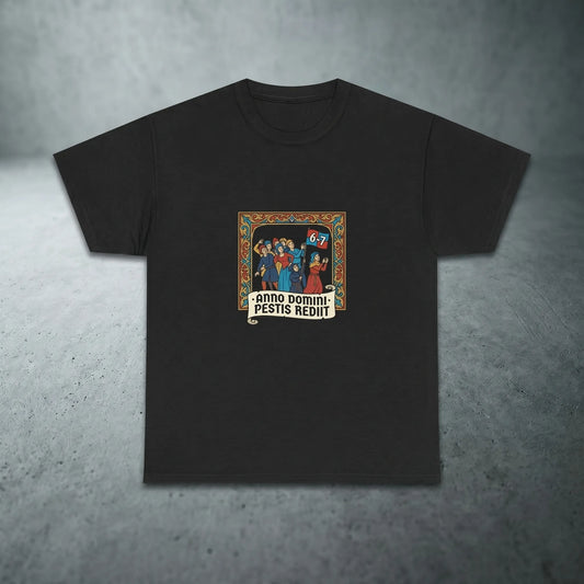Main front view of a heavyweight 100% cotton unisex fit tee featuring the 6 7 meme and 67 meme in a medieval illuminated-manuscript panel style, an ideal viral tiktok meme gift and gen z meme shirt.