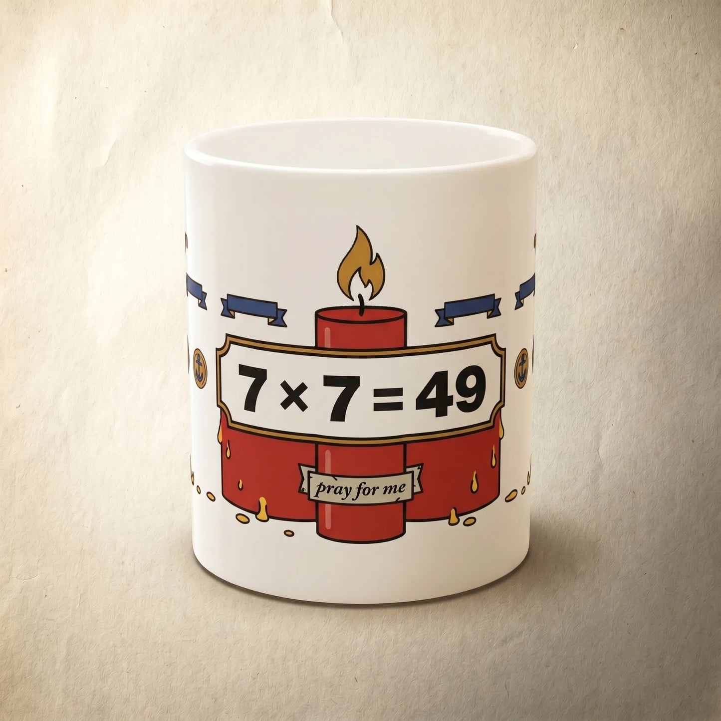 Front view of an 11oz 7x7=49 meme mug featuring a vermillion and gold illustrated devotional candle print, a funny gift for chronically online math girls and STEM majors.