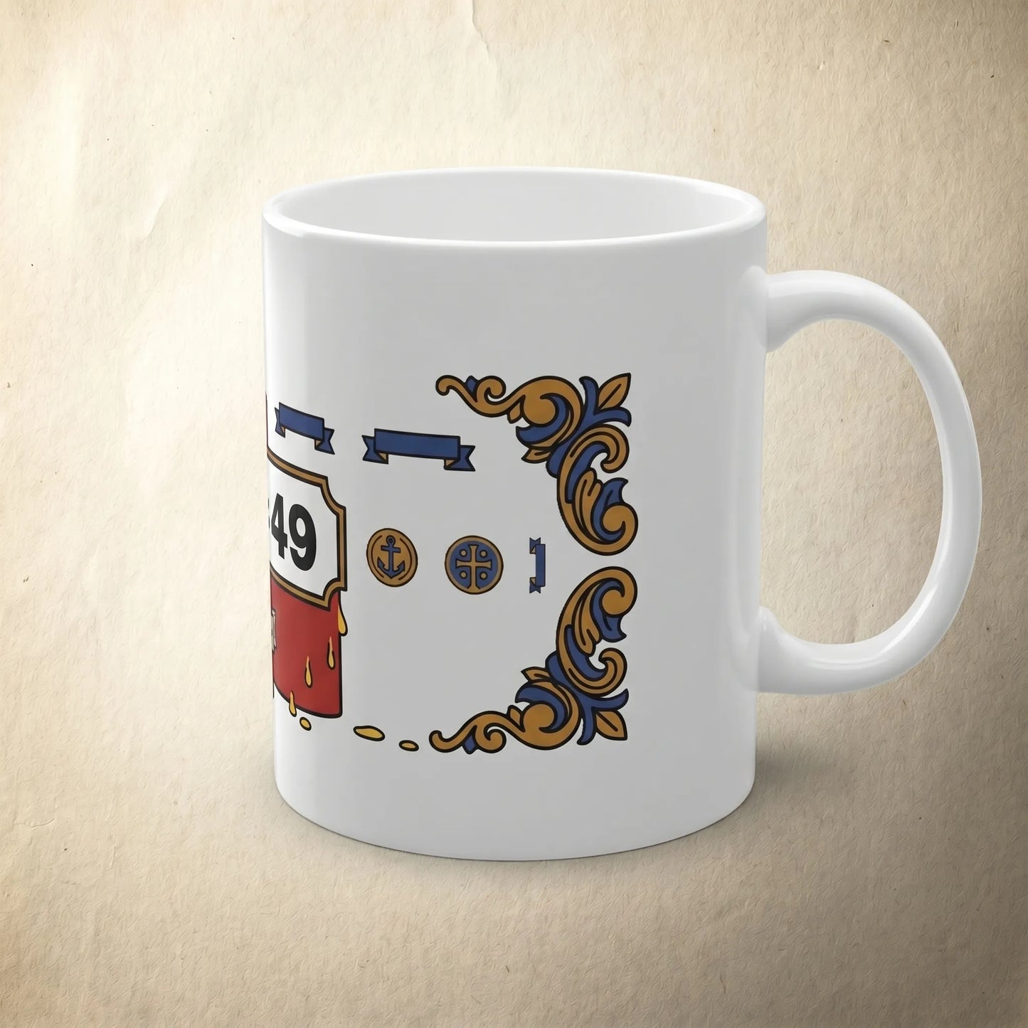 Side handle view of a glossy 7x7=49 meme mug featuring a full wraparound dye-sublimation print of an illustrated devotional candle, perfect gift for stem major math girl.