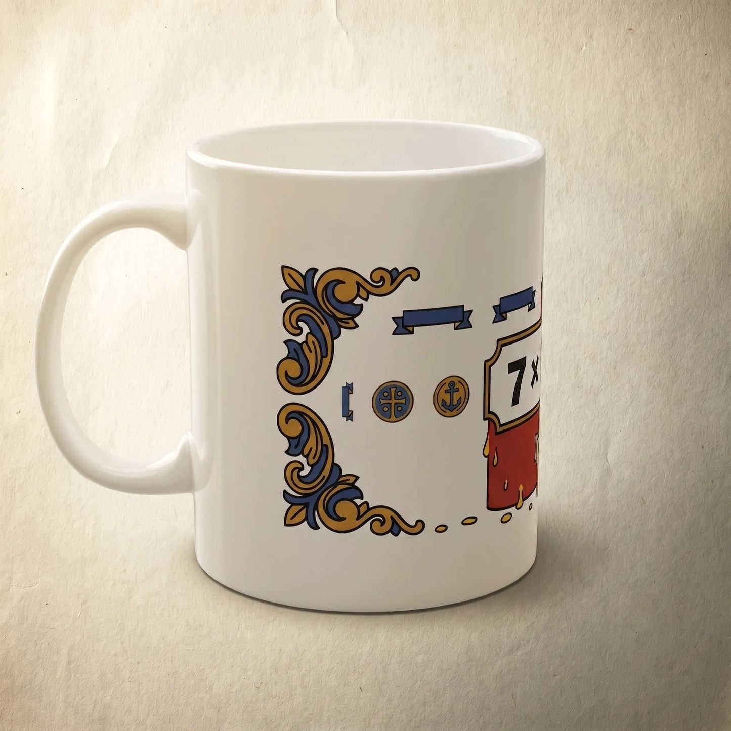 Side view of an 11oz glossy white ceramic 7x7=49 meme mug with a classic C-handle, featuring the viral math equation meme present and absurd math humor for a gen z meme aesthetic.