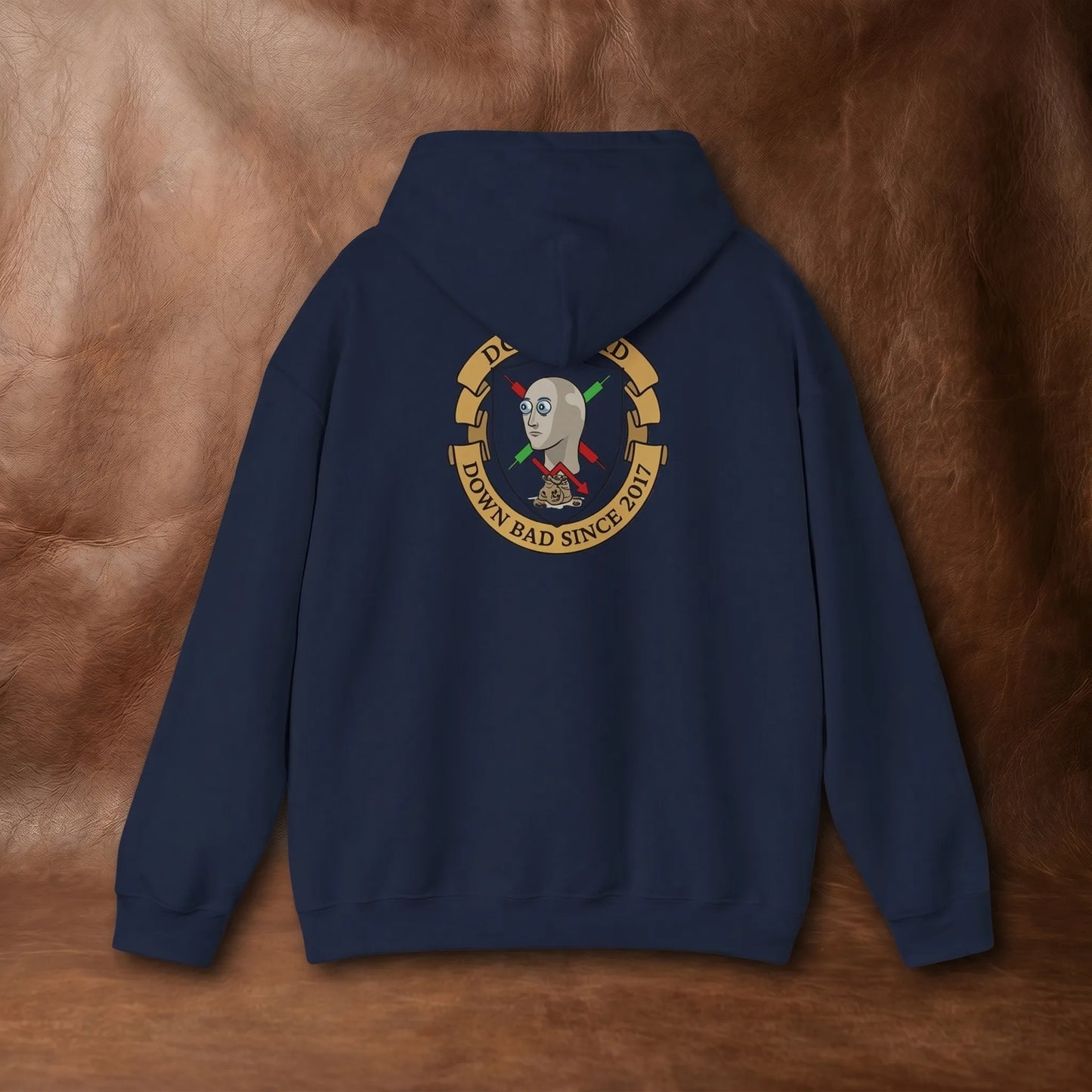 Back view of the Down Bad Since 2017 Hoodie featuring the heraldic crest, a funny finance meme for wallstreetbets redditors with diamond hands and a hodl meme mentality.
