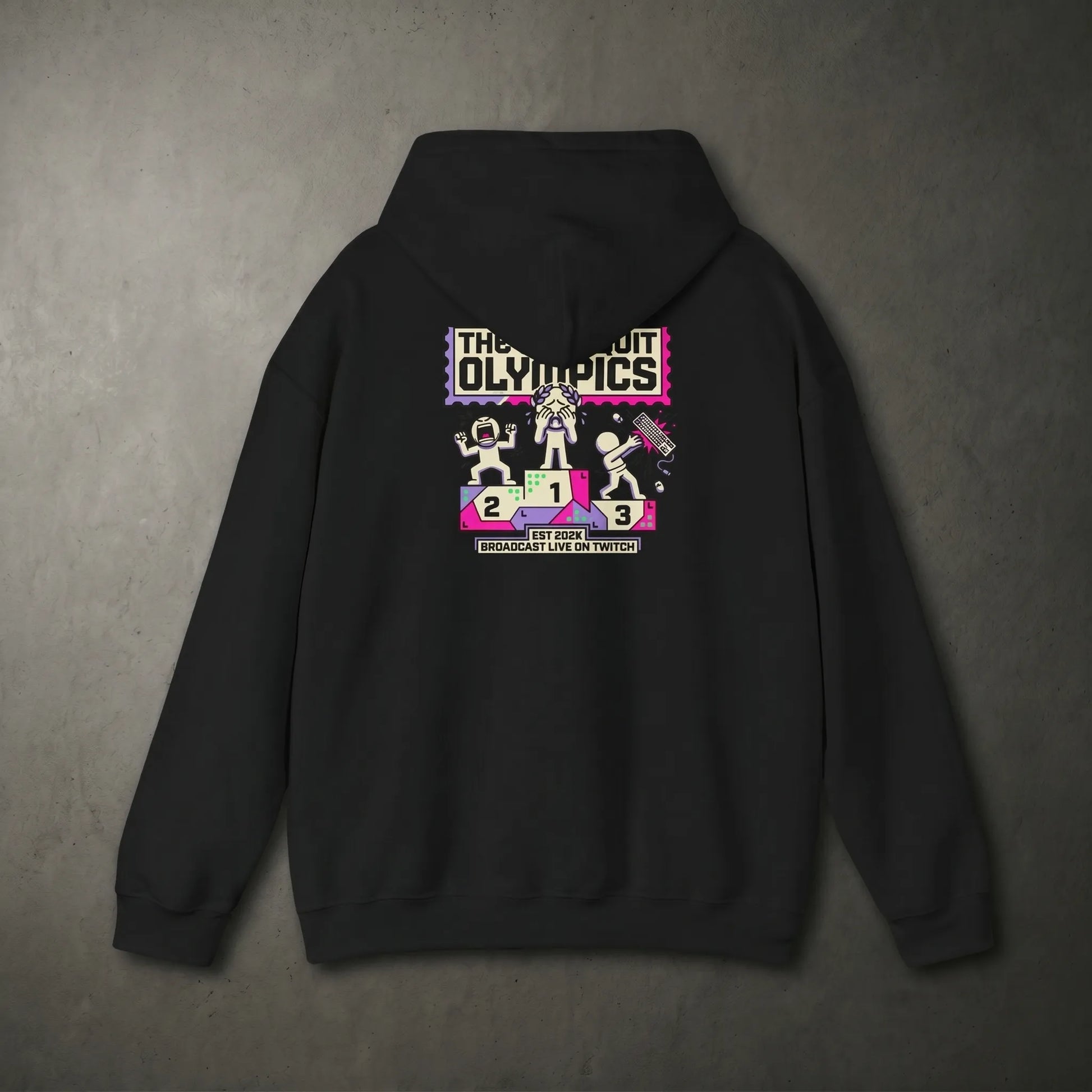 Back view of the Mogged Ragequit Olympics Hoodie showing the psl scale podium scene and chopped meme for a Twitch viewer who lost the mog.