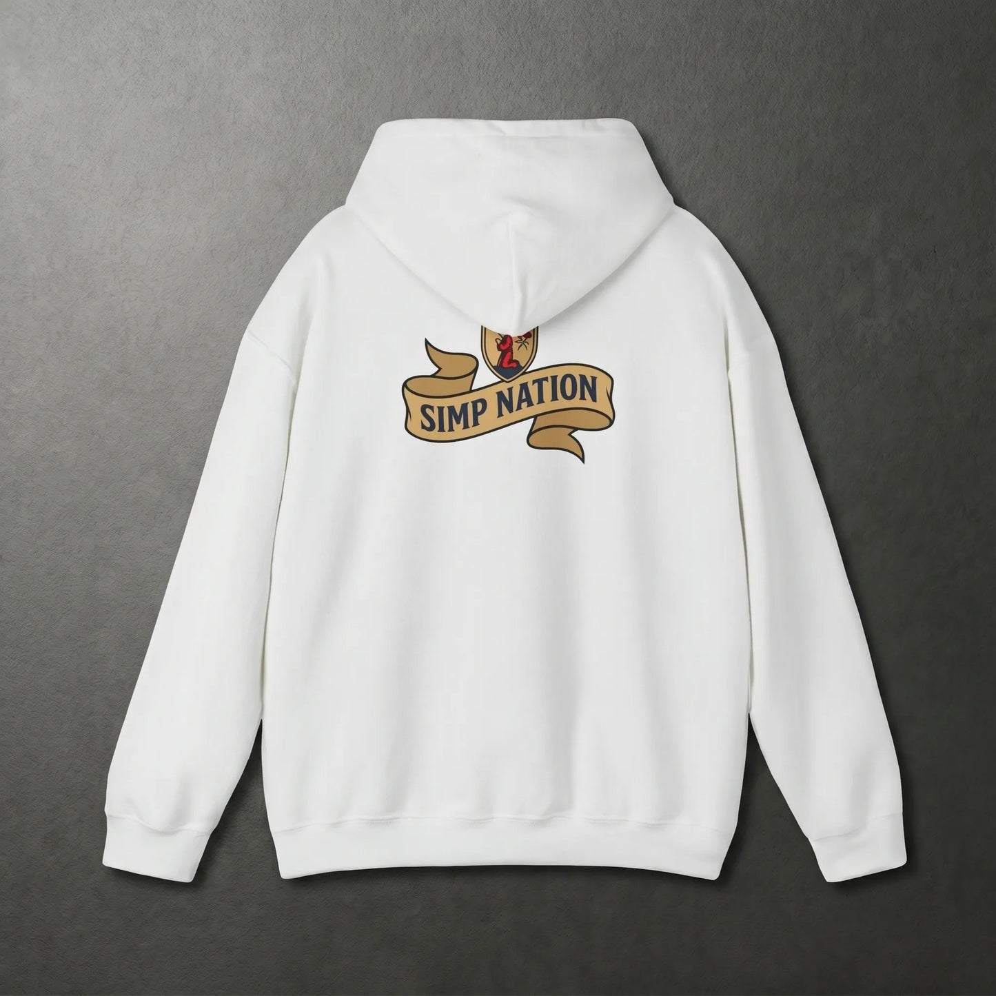 Back view of the Simp Nation hoodie featuring an enlarged heraldic coat of arms, a funny gift for the meme lover in the group chat and certified simp culture.