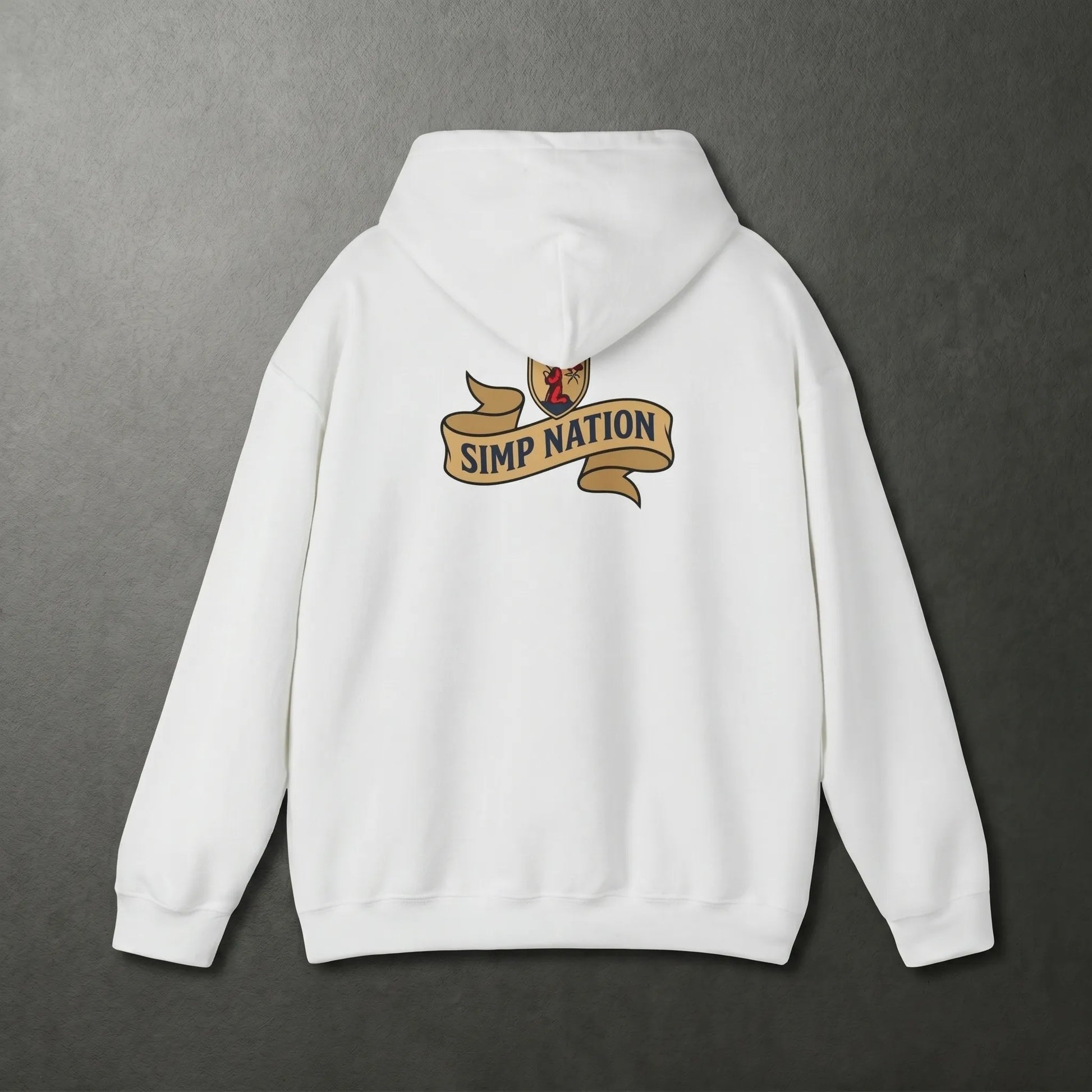 Back view of the Simp Nation hoodie featuring an enlarged heraldic coat of arms, a funny gift for the meme lover in the group chat and certified simp culture.