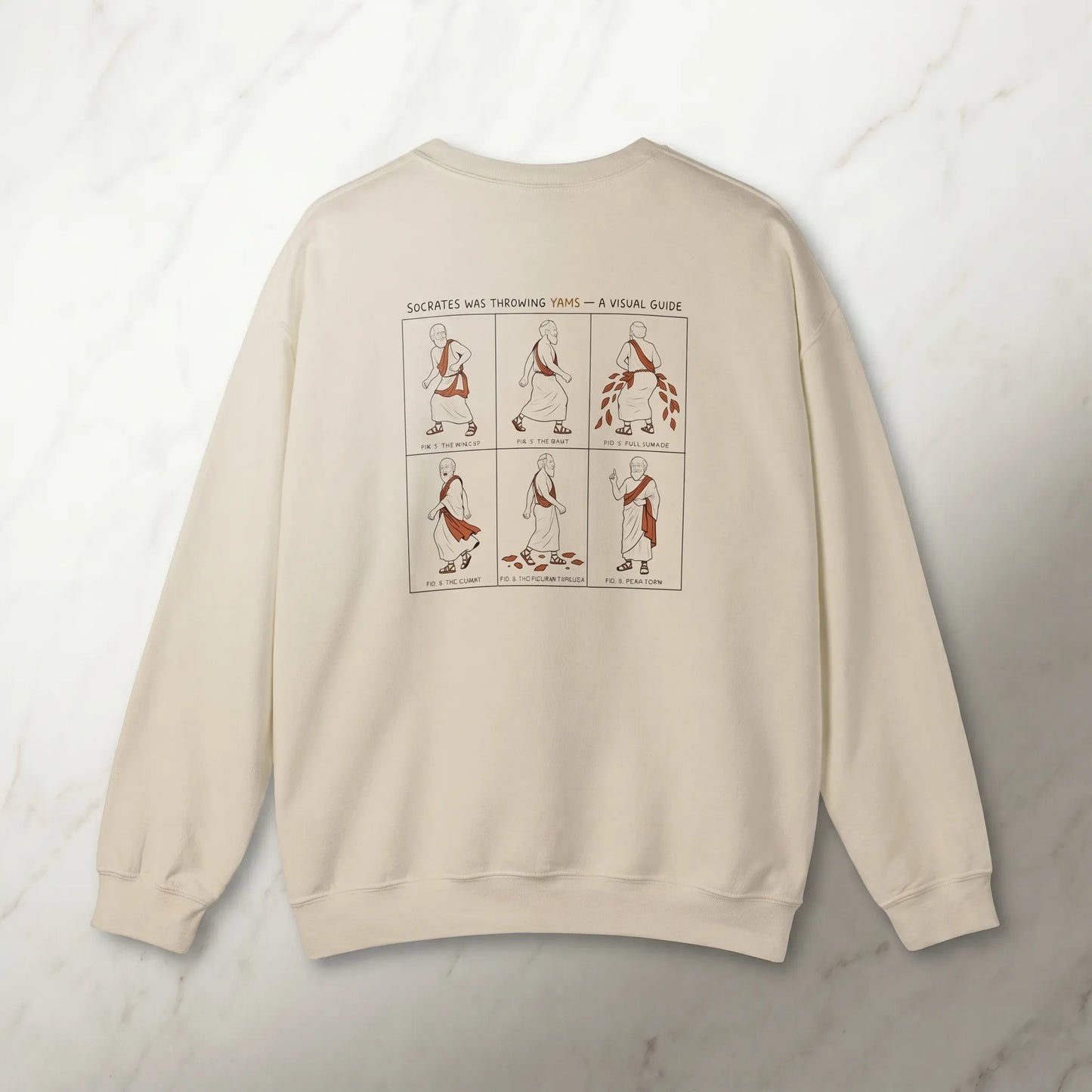Back view of the Socrates skeleton ragebait sweatshirt showing the six panels of an ancient Greek meme, a funny philosophy meme gift for a philosophy major featuring the i don't know bro reaction.