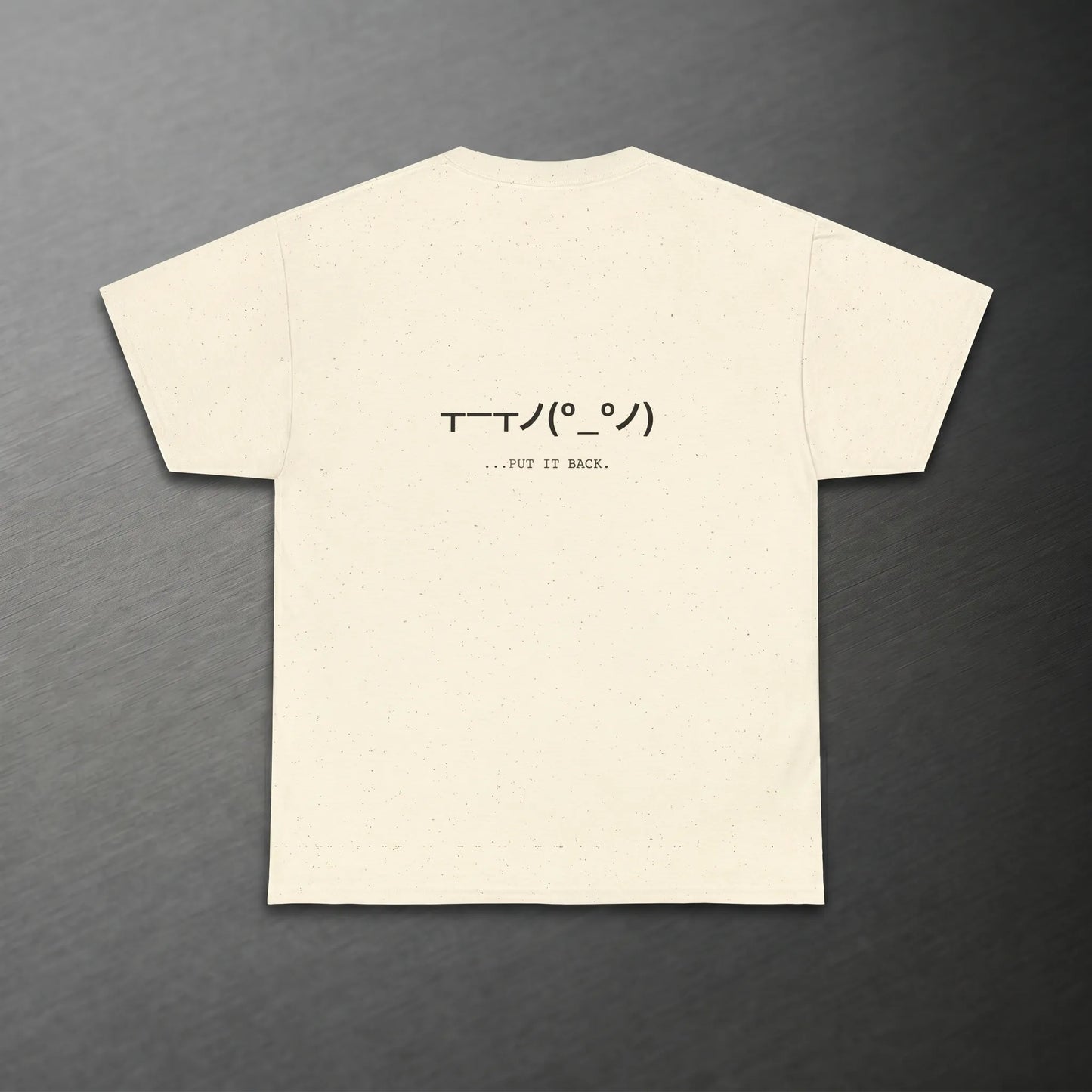Back view of the Table Flip Emoticon Tee featuring the put-back kaomoji, available in S–5XL unisex sizes, made-to-order.