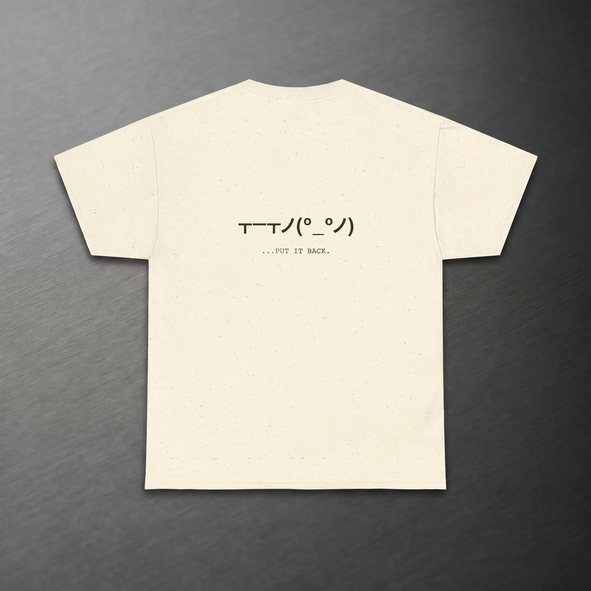 Back view of the Table Flip Emoticon Tee featuring the put-back kaomoji, available in S–5XL unisex sizes, made-to-order.