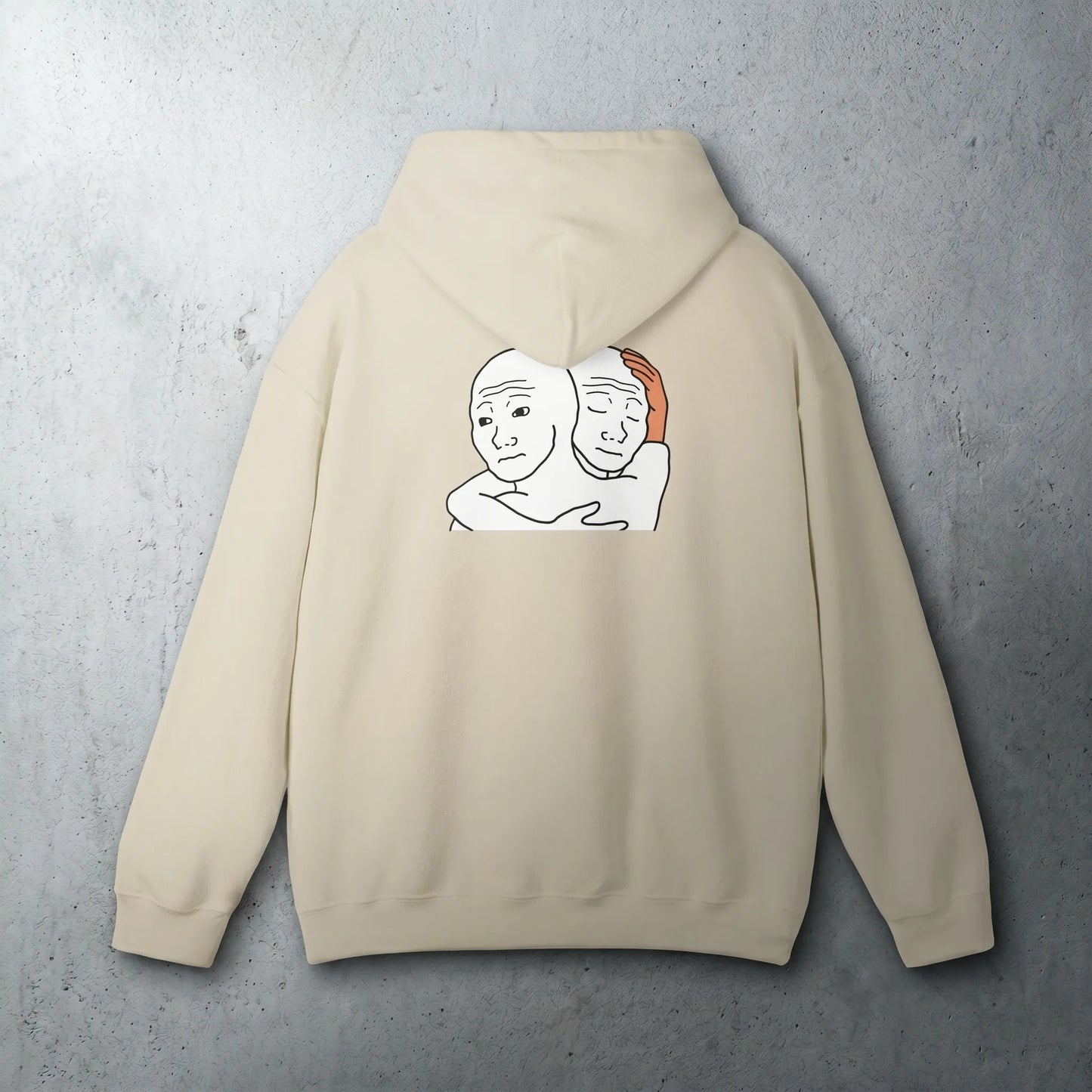 Back view of a unisex hoodie featuring the canonical 2011 I Know That Feel Bro back banner, a funny friendship gift and doomer wojak 4chan meme for best friends.