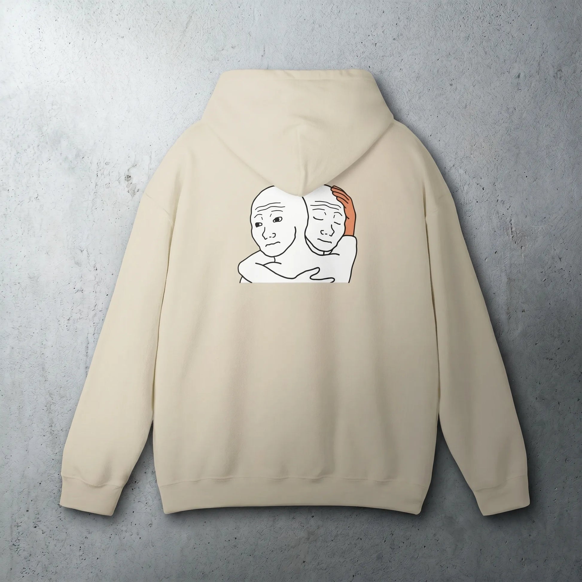Back view of a unisex hoodie featuring the canonical 2011 I Know That Feel Bro back banner, a funny friendship gift and doomer wojak 4chan meme for best friends.