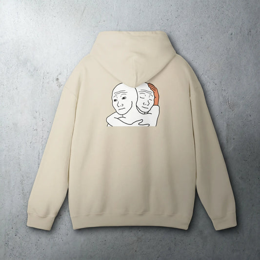 Back view of a unisex hoodie featuring the canonical 2011 I Know That Feel Bro back banner, a funny friendship gift and doomer wojak 4chan meme for best friends.