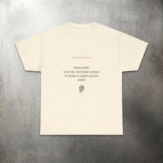 Main front view of the Bagholder's Prayer Tee, a funny stonks meme shirt for finance bros and crypto degens featuring Penguin-Classics style typography with wallstreetbets terms like hodl and to the moon.