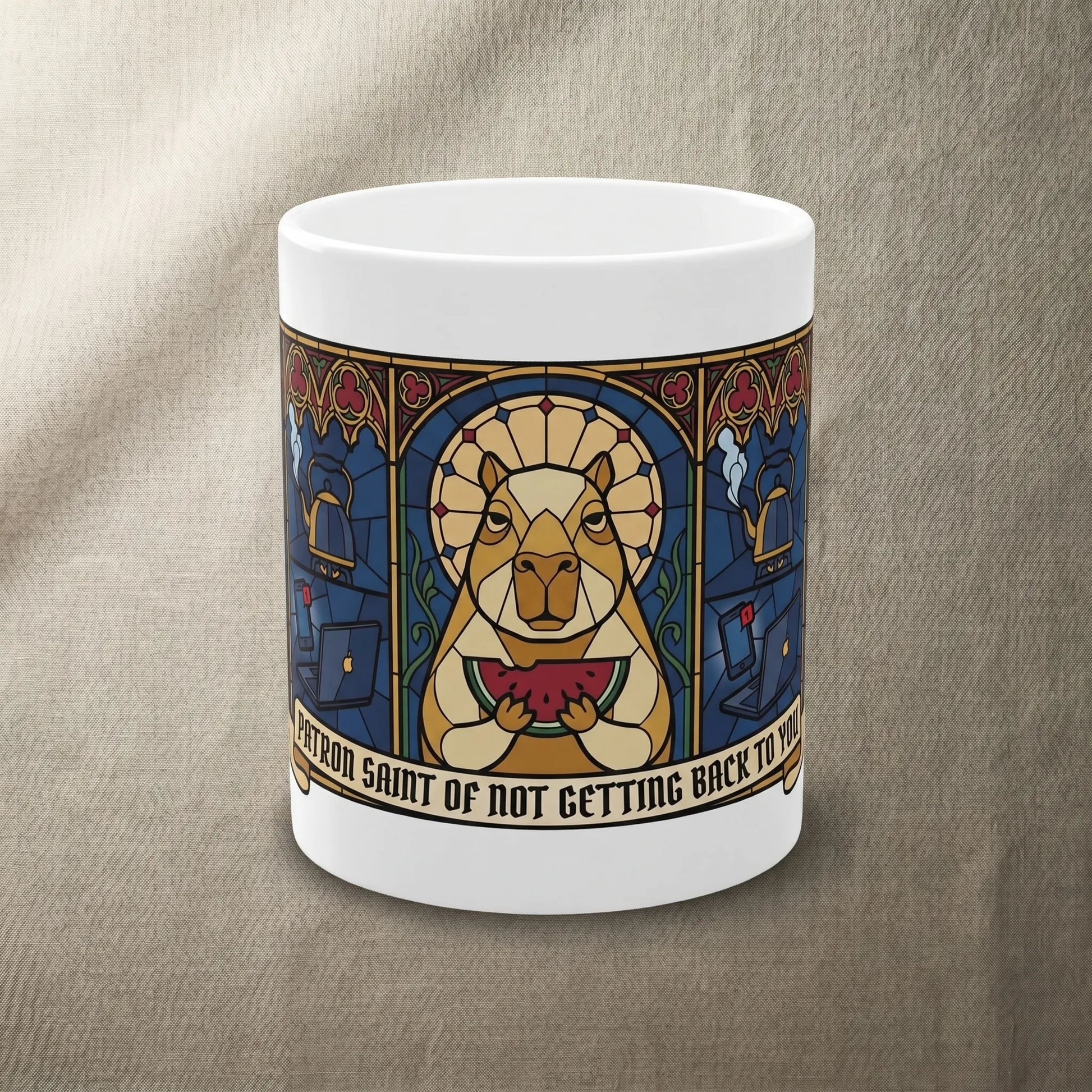 Main front view of the Capybara of Indifference Mug featuring a full wraparound stained-glass cathedral window design, an ironic patron-saint coffee mug for corporate refugee burnout humor and anti-hustle office gift.