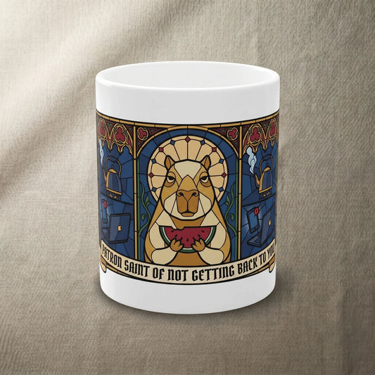 Main front view of the Capybara of Indifference Mug featuring a full wraparound stained-glass cathedral window design, an ironic patron-saint coffee mug for corporate refugee burnout humor and anti-hustle office gift.