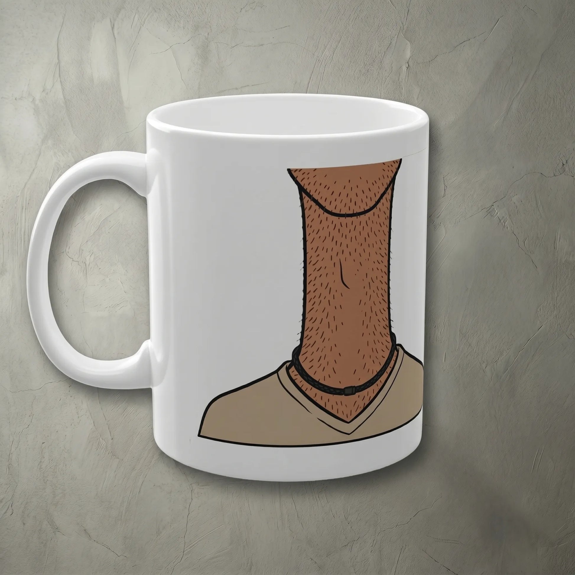 Side view of a glossy white ceramic mug showing the redrawn meme creature mug illustration with a braided-leather necklace. This hand in pocket illusion and long neck meme is the perfect chronically online merch for doomscroll humor.