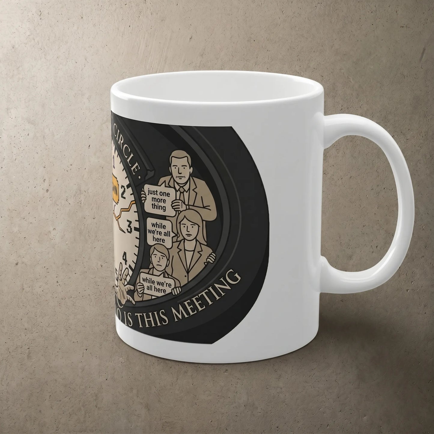 Right handle view of a corporate humor npc meme mug, a microwave- and dishwasher-safe secret santa gift for office worker who hates standups with a full-wrap design.
