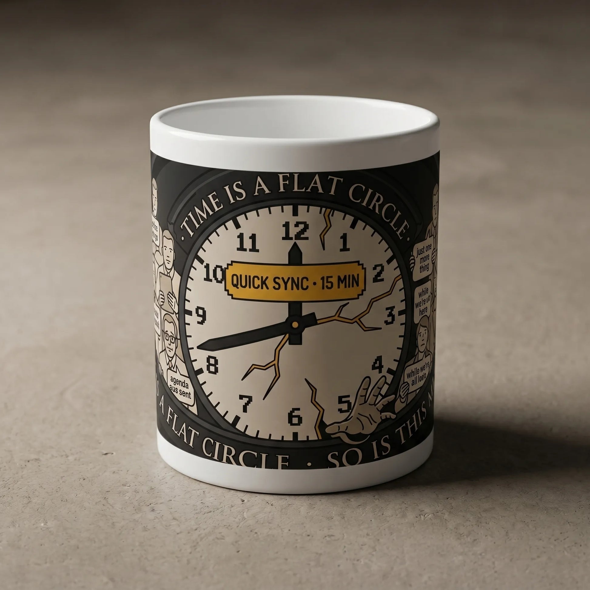 Detail view of the Corporate NPC Mug featuring office workers trapped inside a clock with speech bubbles and a minute hand stuck at 47 past, a print-on-demand gift for office standups.