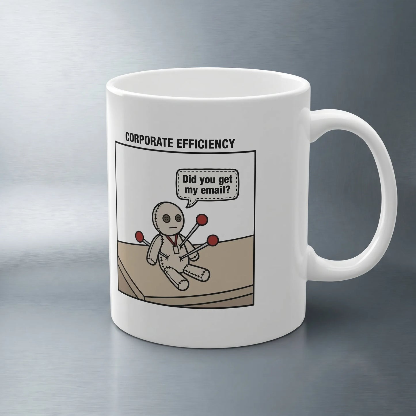 Left panel of a Corporate NPC Mug featuring a character asking Did You Get My Email. A funny coworker gag gift and office humor meme for corporate burnout.