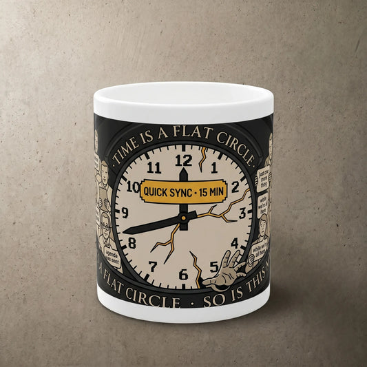 Main front view of the 11oz white ceramic Corporate NPC Mug featuring an Eternal Quick Sync design with office workers trapped in a clock for funny office humor and sarcastic coworker gifts.