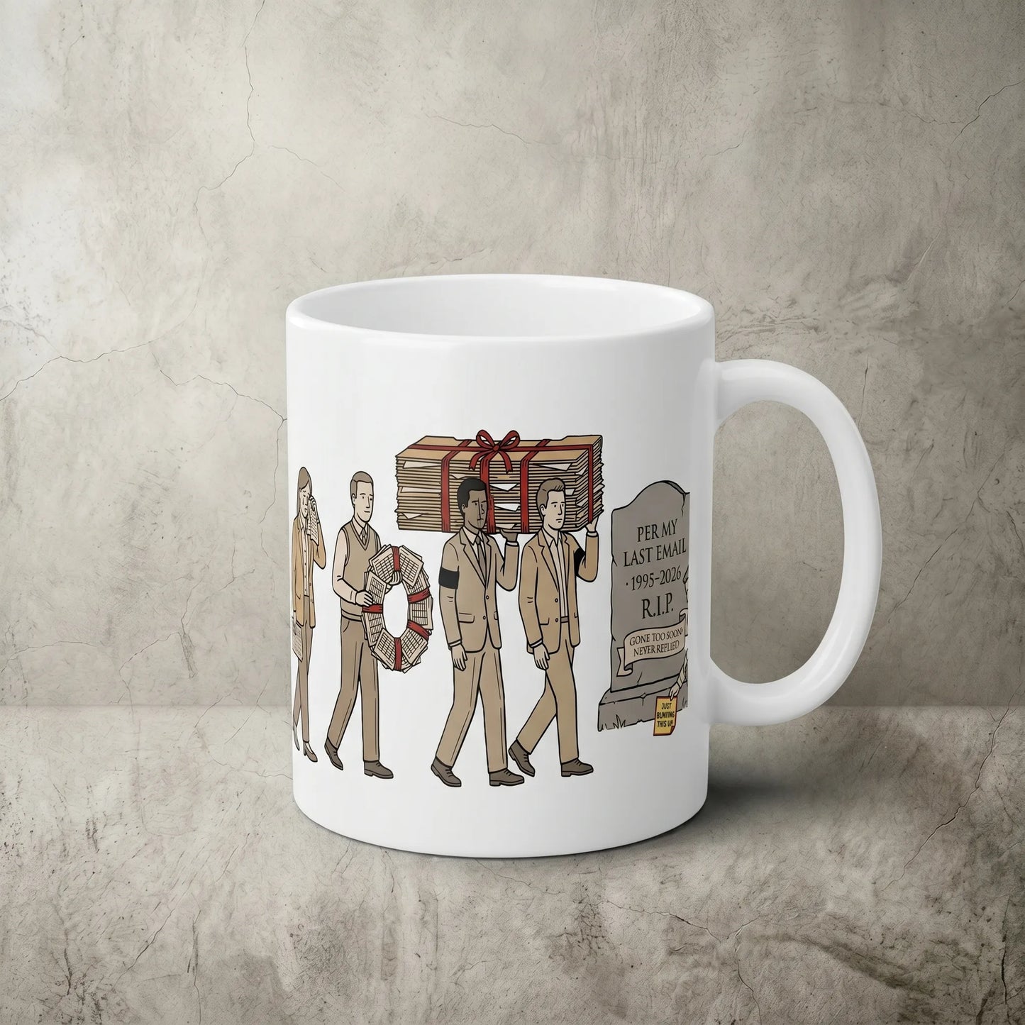 Main front view of an 11oz white ceramic Corporate NPC mug featuring a funny funeral procession for a 'Per My Last Email' tombstone, a sarcastic coworker gift for office humor and workplace memes.