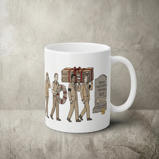Main front view of an 11oz white ceramic Corporate NPC mug featuring a funny funeral procession for a 'Per My Last Email' tombstone, a sarcastic coworker gift for office humor and workplace memes.