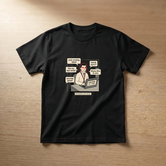 Front view of the Corporate NPC Tee featuring a funny office burnout print of a deadpan worker with glowing red eyes and jargon bubbles like Per My Last Email and Just circling back for workplace humor.