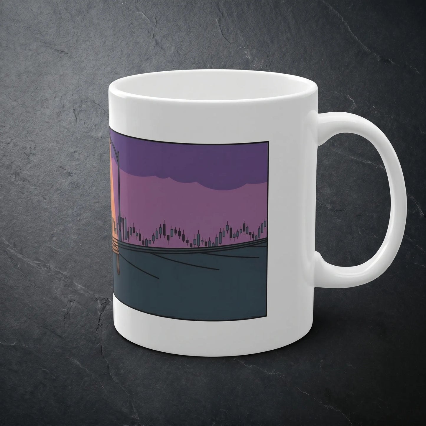 Side view of the Crypto Wojak 11oz glossy white ceramic mug with a classic C-handle, featuring a continuous dusk scene with a candlestick chart and portfolio printout.