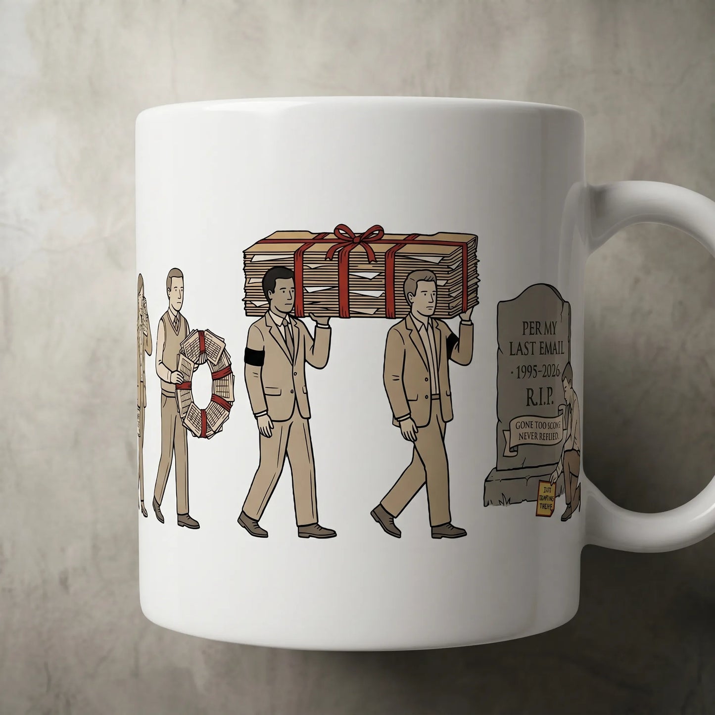 Close-up detail of the 11 ounces Corporate NPC Mug showing the 1995-2026 tombstone and dye-sublimation artwork, microwave-safe and ships worldwide for those who replies-all.
