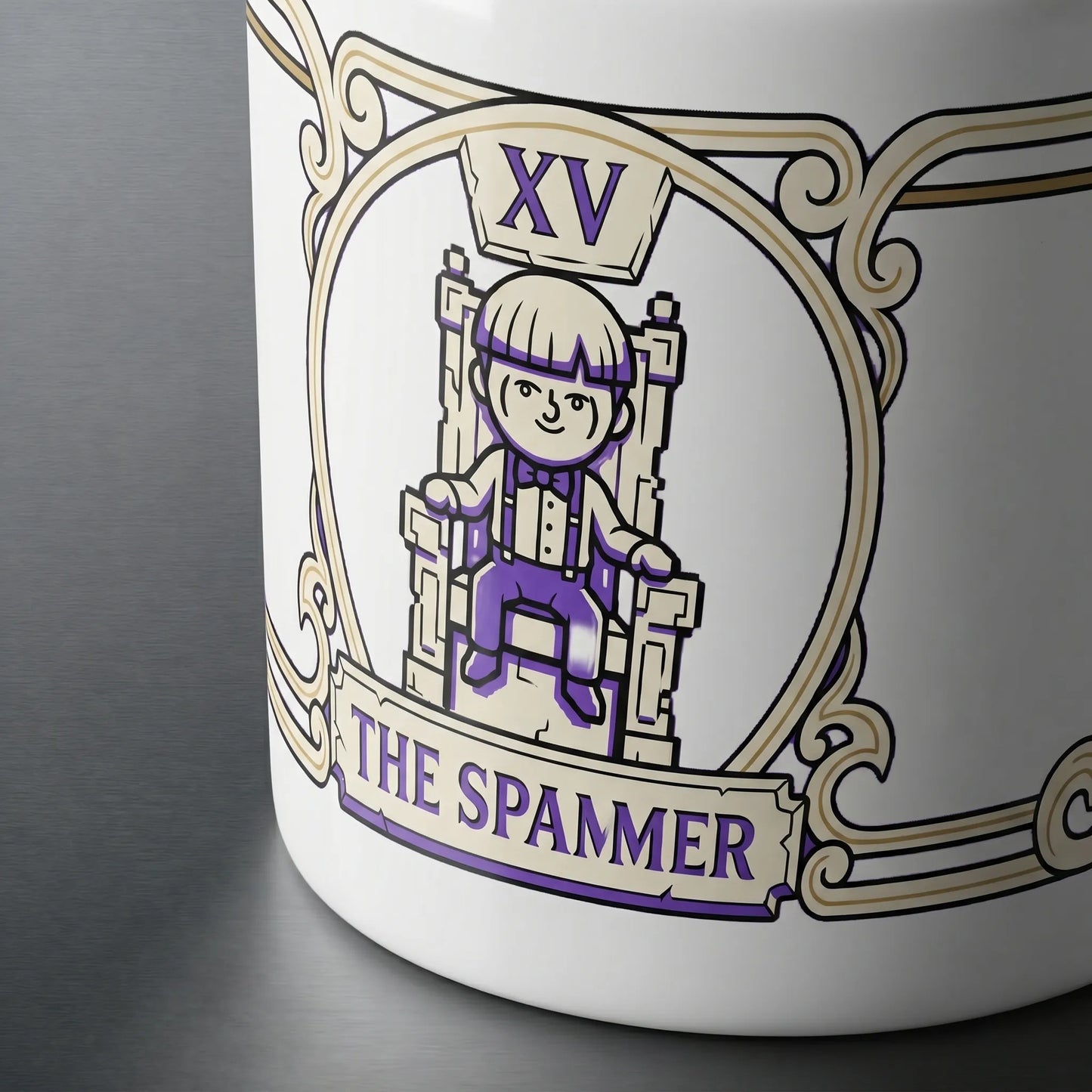 Close-up detail of the full wraparound tarot-card design on a made-to-order Lenny Face mug, showcasing the high-quality print that won't fade and ships worldwide with no overproduction.