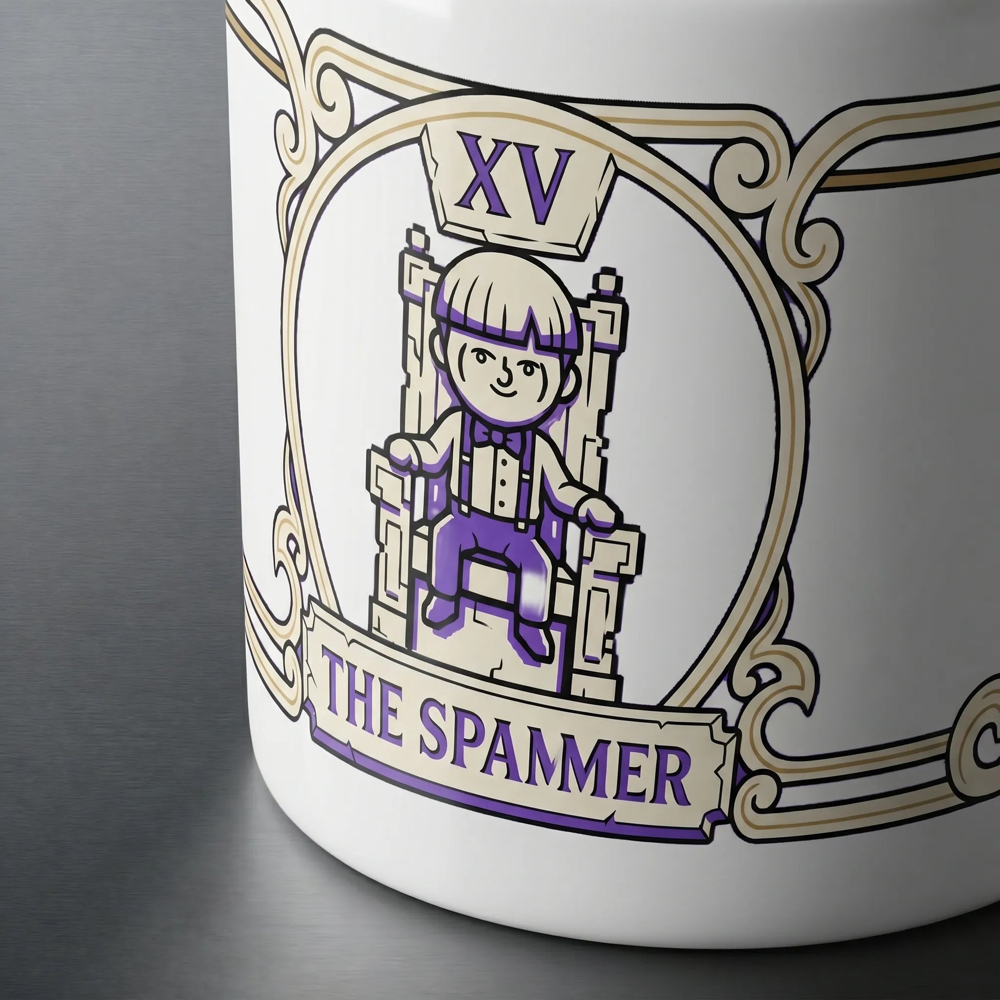 Close-up detail of the full wraparound tarot-card design on a made-to-order Lenny Face mug, showcasing the high-quality print that won't fade and ships worldwide with no overproduction.