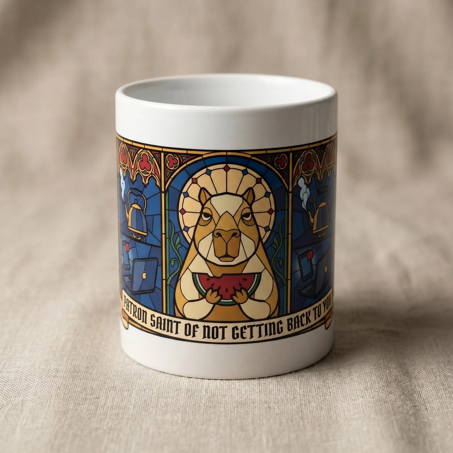 Close-up detail of the glossy white ceramic material and full wraparound design on the Capybara of Indifference Mug, a made-to-order print-on-demand gift with deadpan Q4-deadline captions and no overproduction.