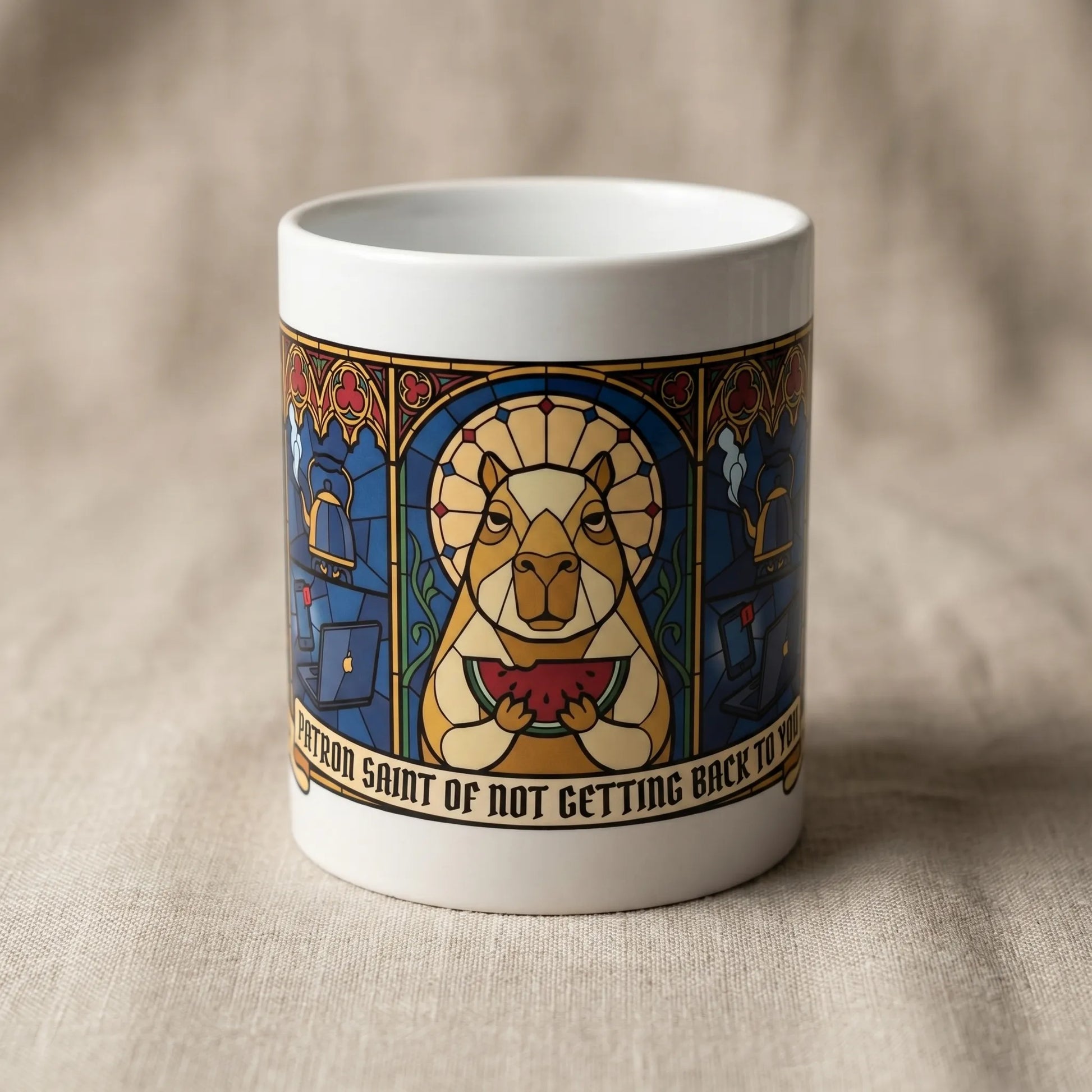 Close-up detail of the glossy white ceramic material and full wraparound design on the Capybara of Indifference Mug, a made-to-order print-on-demand gift with deadpan Q4-deadline captions and no overproduction.