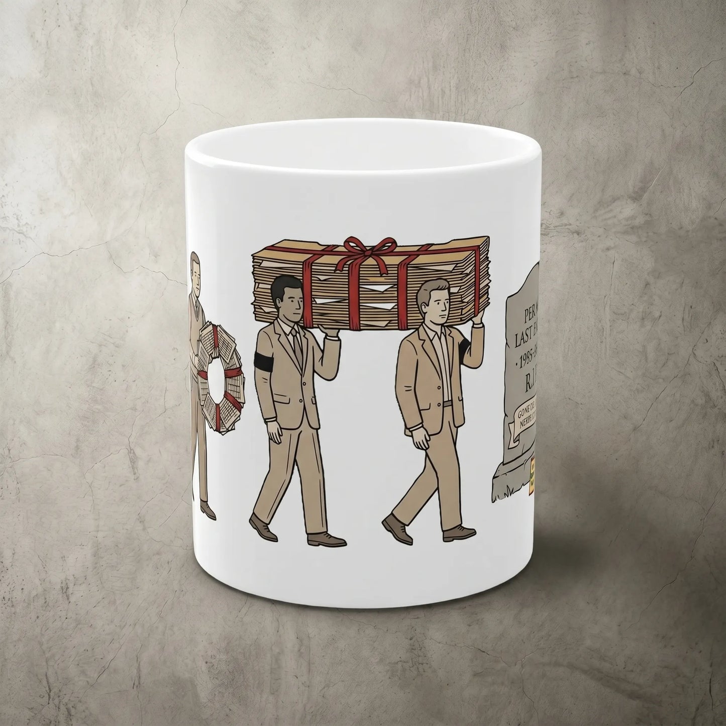 A classic C-handle ceramic mug shown from the side handle right, featuring a full wraparound print of a funeral procession for a never replied email, perfect as a per my last email funny gift.