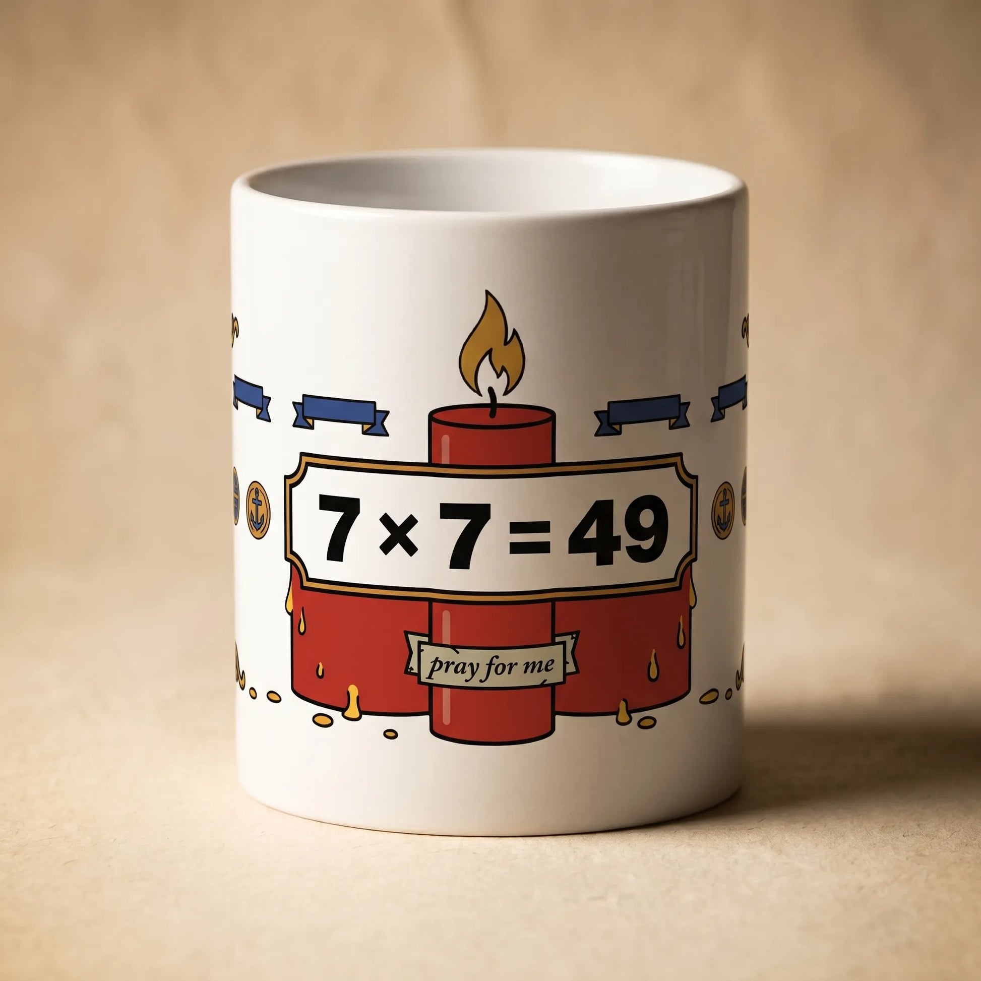 Close-up detail of the dishwasher-safe glossy white ceramic finish on this made-to-order 7x7=49 math equation mug featuring a funny devotional candle print.