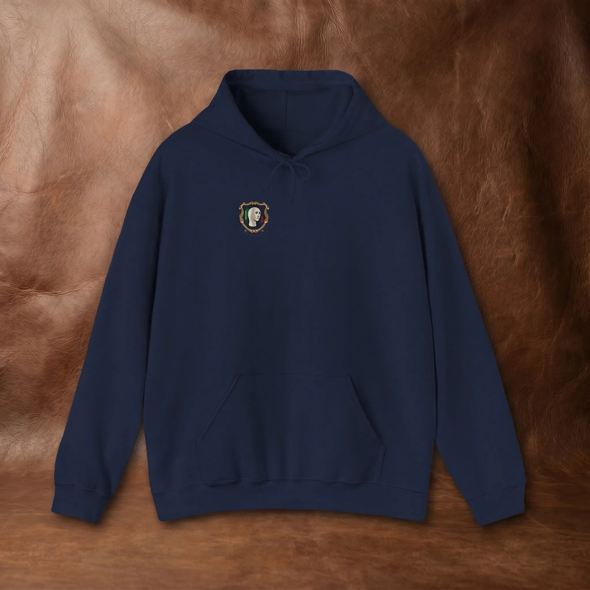Main front view of the Down Bad Since 2017 Hoodie featuring a funny heraldic crest with meme man and not stonks for Wallstreetbets lifers and bagholders.