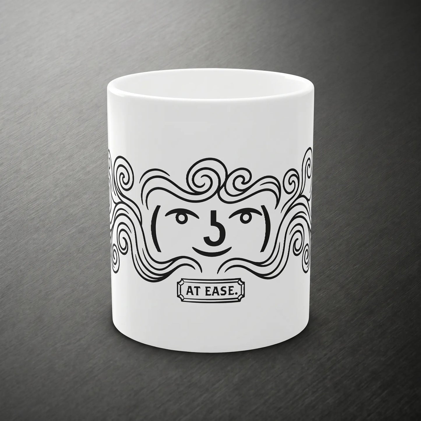 Front view of the Funny Lenny Face Hidden-Steam Mug featuring the ( ͡° ͜ʖ ͡°) kaomoji and AT EASE plaque, a unique old internet meme gift for an IT discord moderator or programmer.