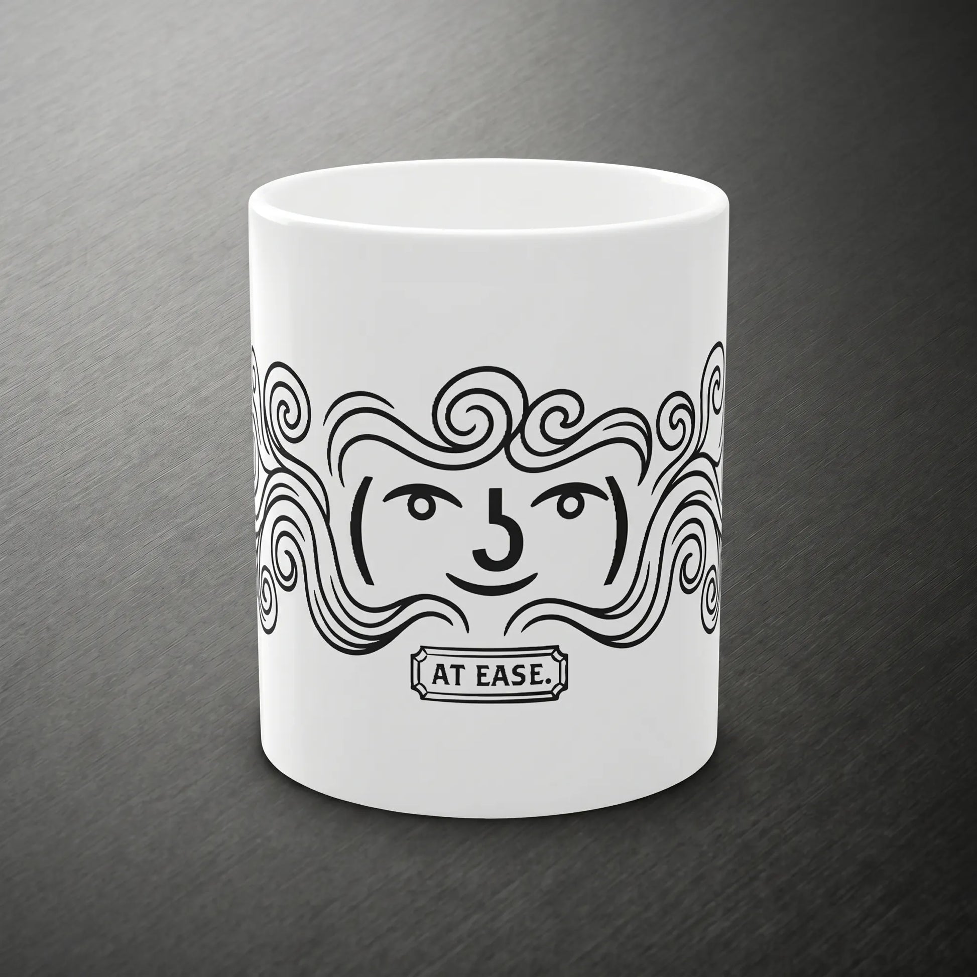 Front view of the Funny Lenny Face Hidden-Steam Mug featuring the ( ͡° ͜ʖ ͡°) kaomoji and AT EASE plaque, a unique old internet meme gift for an IT discord moderator or programmer.