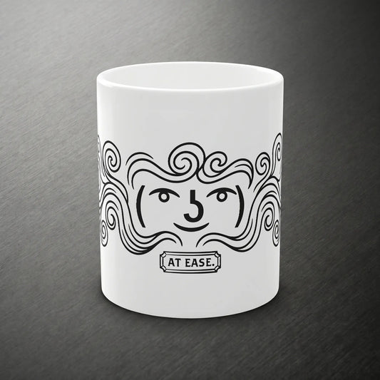 Front view of the Funny Lenny Face Hidden-Steam Mug featuring the ( ͡° ͜ʖ ͡°) kaomoji and AT EASE plaque, a unique old internet meme gift for an IT discord moderator or programmer.