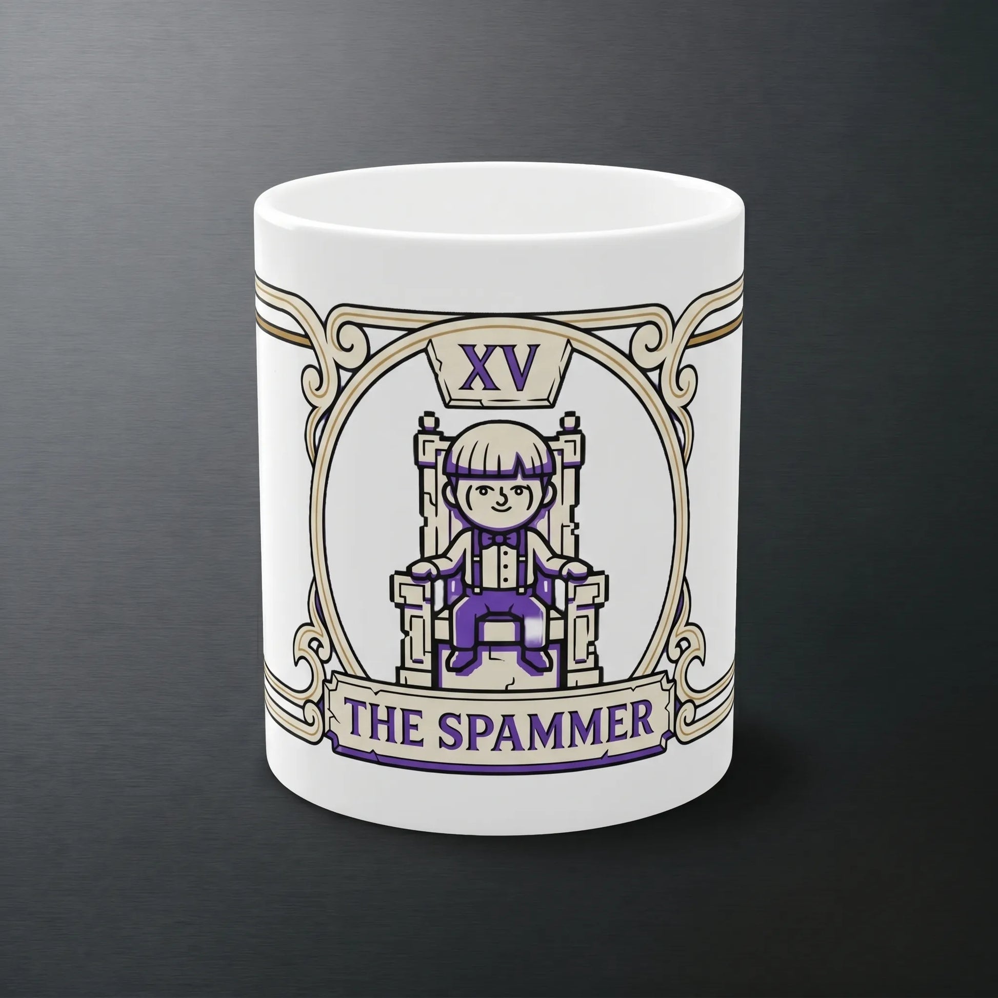 Main front view of the Funny Lenny Face Tarot 'The Spammer' mug, featuring the ( ͡° ͜ʖ ͡°) kaomoji in purple scrollwork, ideal for IT coworkers and Discord moderators who enjoy old internet memes and forum spam humor.