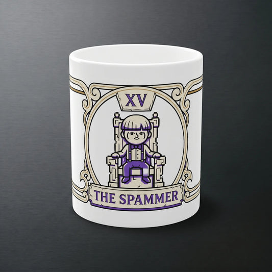 Main front view of the Funny Lenny Face Tarot 'The Spammer' mug, featuring the ( ͡° ͜ʖ ͡°) kaomoji in purple scrollwork, ideal for IT coworkers and Discord moderators who enjoy old internet memes and forum spam humor.