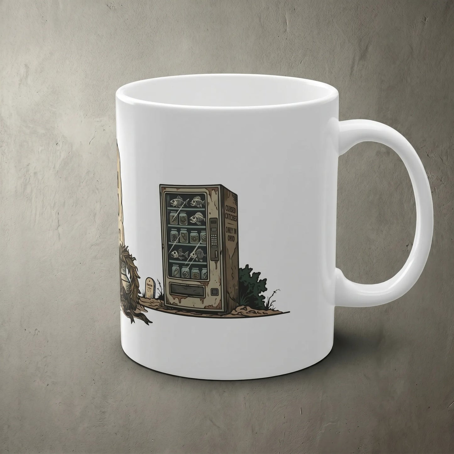 Side handle view of a funny Ohio mug with full wraparound dye-sublimation graveyard print, microwave and dishwasher safe made-to-order ceramic.