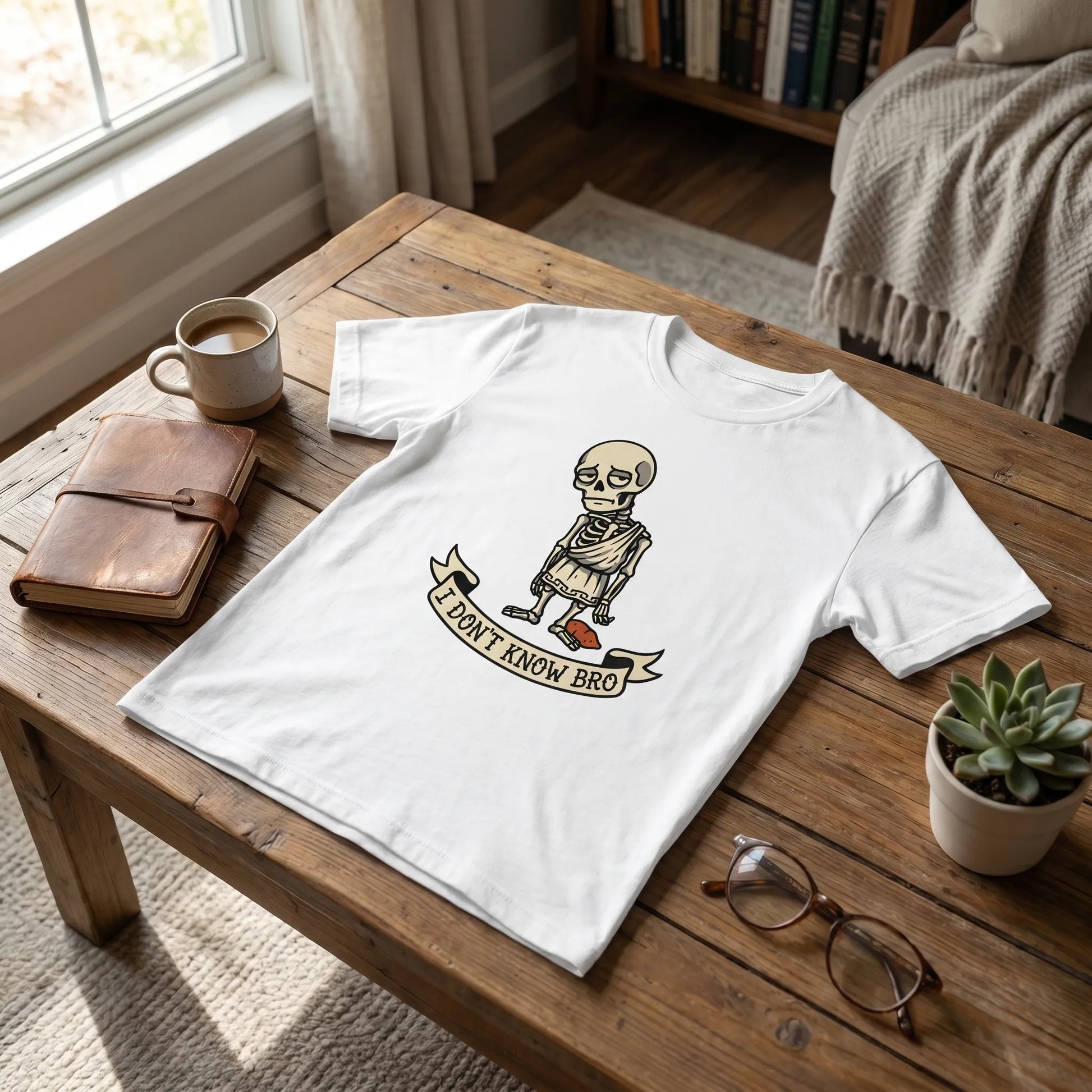 Lifestyle shot of a person wearing the Socrates skeleton meme gift, a funny philosophy major gift sarcastic. This ragebait meme tee features the red-caped skeleton in a classical toga, printed with pottery-black ink.